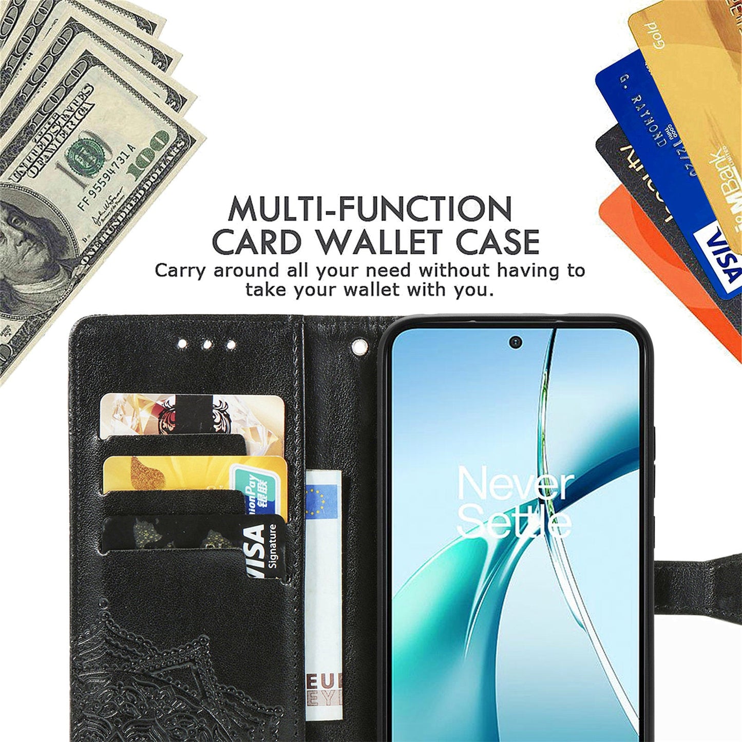 For Realme GT 7 Pro 5G Wallet Case Mandala Flower Leather Phone Cover Stand - Black