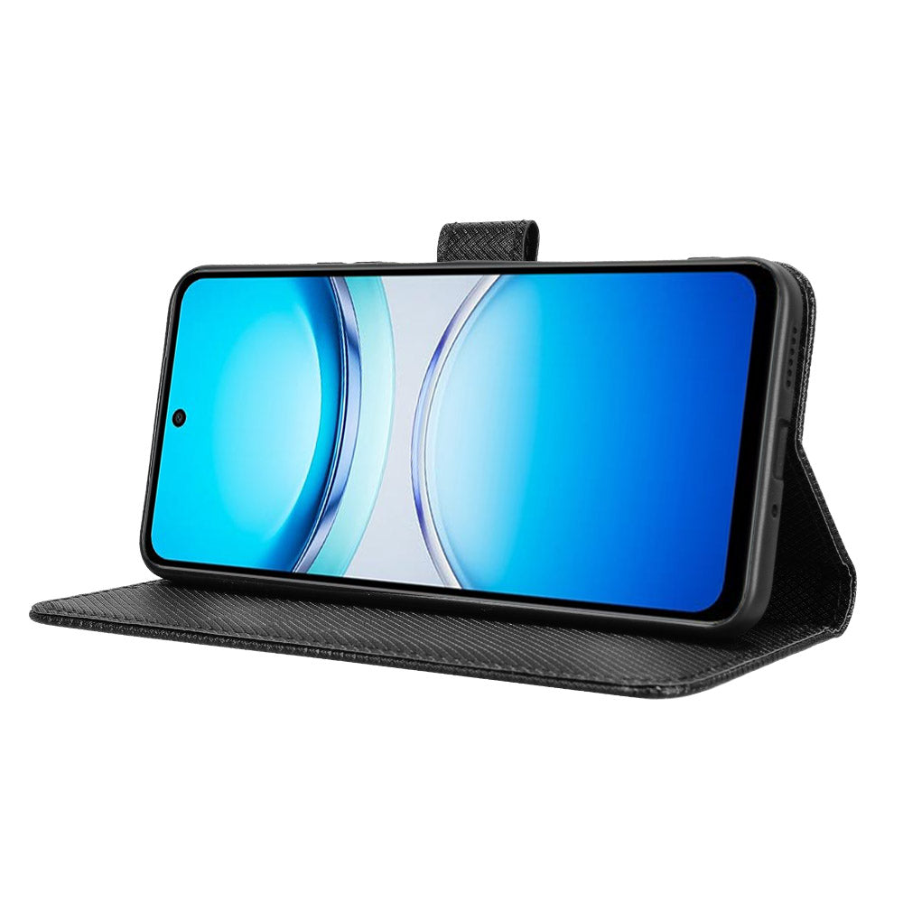 For vivo Y39 5G Leather Wallet Case with Strap Diamond Texture Phone Cover - Black