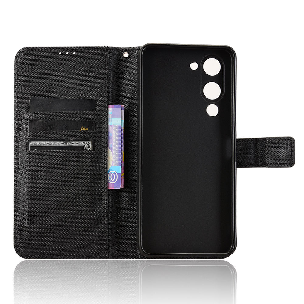 For vivo Y29s 5G / vivo Y04 4G Leather Wallet Case with Strap Diamond Texture Phone Cover - Black