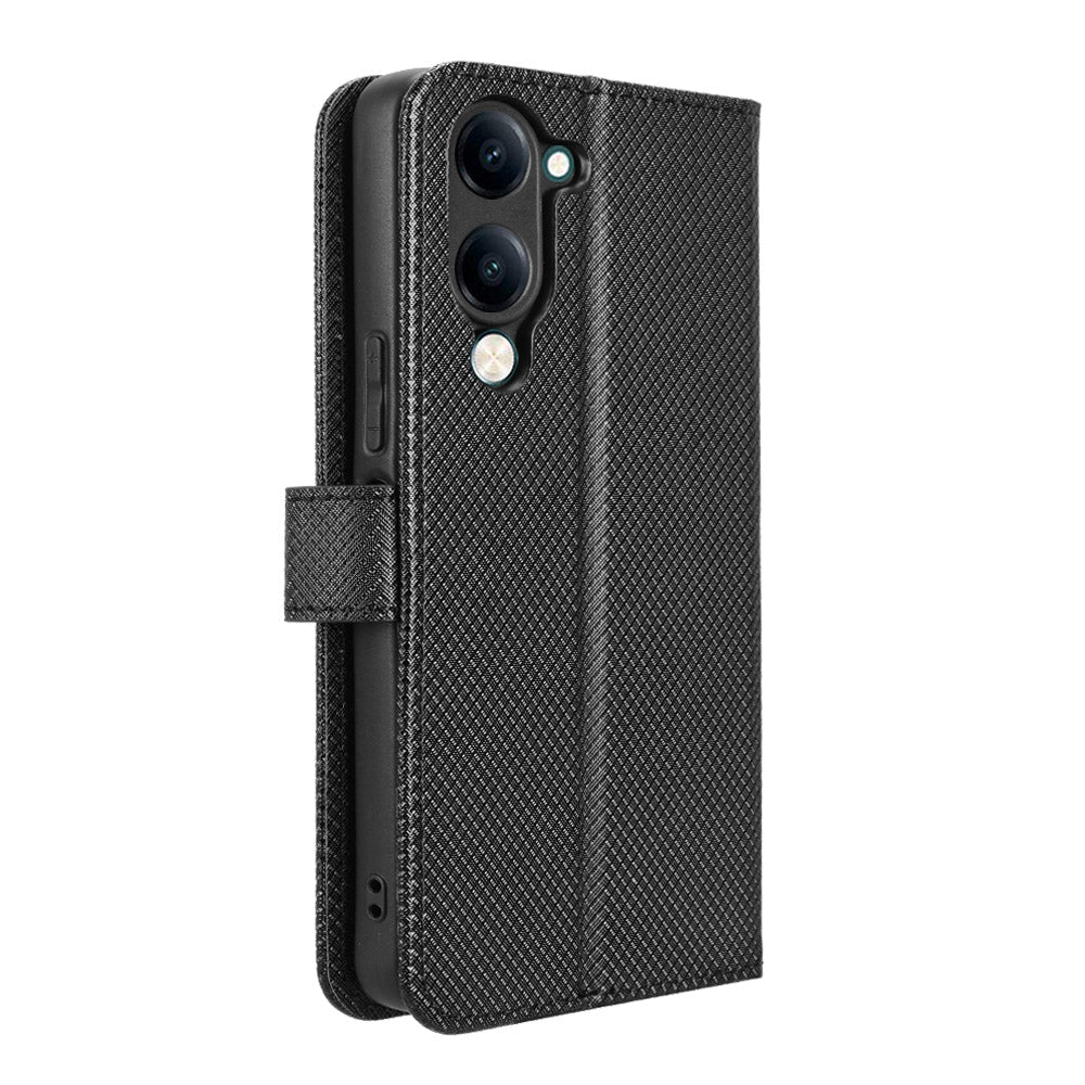 For vivo Y29s 5G / vivo Y04 4G Leather Wallet Case with Strap Diamond Texture Phone Cover - Black