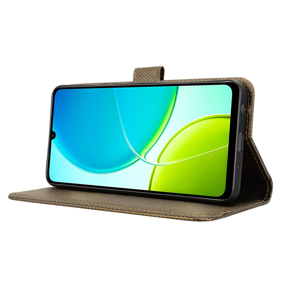 For vivo Y29s 5G / vivo Y04 4G Leather Wallet Case with Strap Diamond Texture Phone Cover - Brown