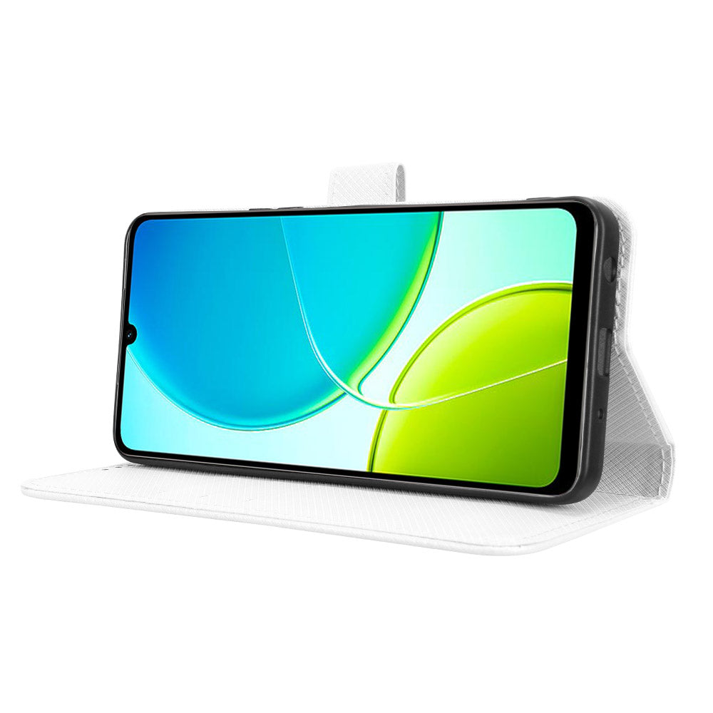 For vivo Y29s 5G / vivo Y04 4G Leather Wallet Case with Strap Diamond Texture Phone Cover - White