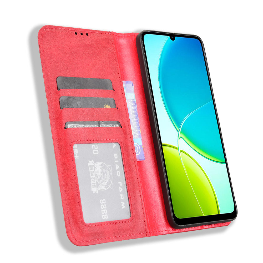 For vivo Y29s 5G / vivo Y04 4G Retro PU Leather Case Phone Wallet Stand Cover - Red