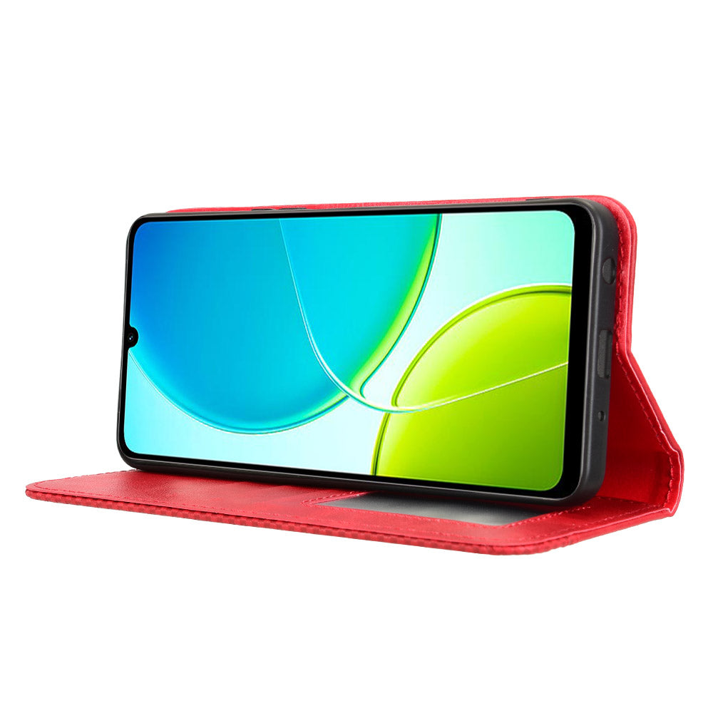 For vivo Y29s 5G / vivo Y04 4G Retro PU Leather Case Phone Wallet Stand Cover - Red