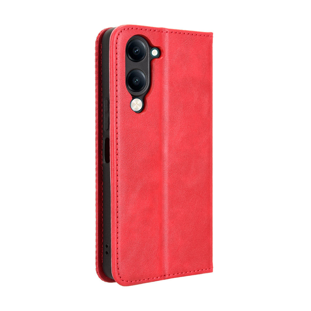 For vivo Y29s 5G / vivo Y04 4G Retro PU Leather Case Phone Wallet Stand Cover - Red