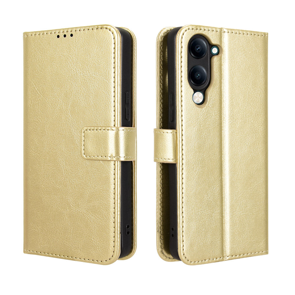 For vivo Y29s 5G / vivo Y04 4G PU Leather Case with Strap Crazy Horse Texture Phone Wallet Cover - Gold