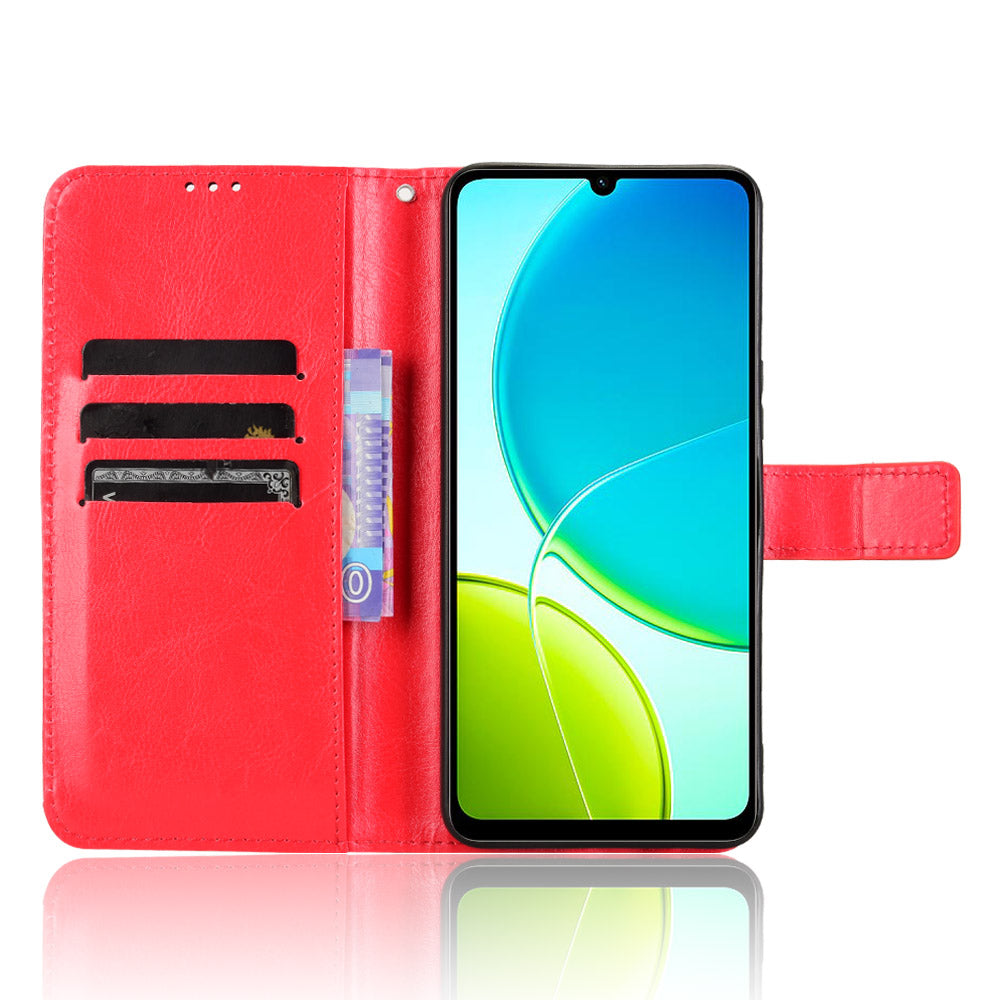 For vivo Y29s 5G / vivo Y04 4G PU Leather Case with Strap Crazy Horse Texture Phone Wallet Cover - Red