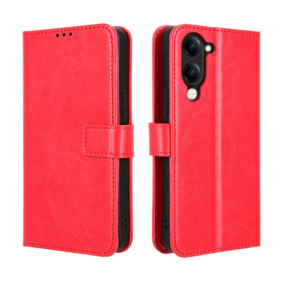 For vivo Y29s 5G / vivo Y04 4G PU Leather Case with Strap Crazy Horse Texture Phone Wallet Cover - Red