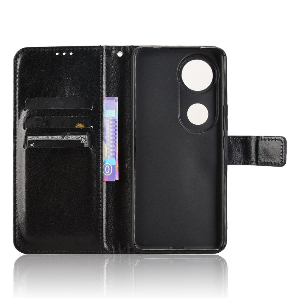 For vivo V50 5G PU Leather Case with Strap Crazy Horse Texture Phone Wallet Cover - Black