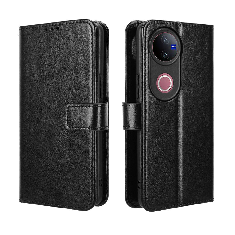 For vivo V50 5G PU Leather Case with Strap Crazy Horse Texture Phone Wallet Cover - Black