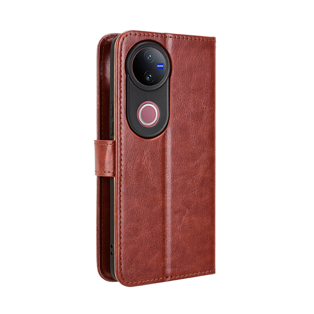 For vivo V50 5G PU Leather Case with Strap Crazy Horse Texture Phone Wallet Cover - Brown