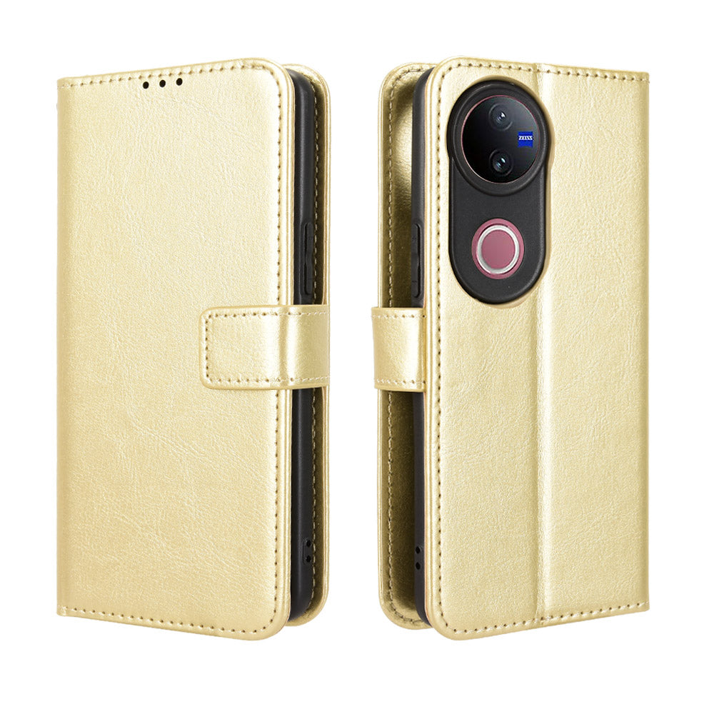 For vivo V50 5G PU Leather Case with Strap Crazy Horse Texture Phone Wallet Cover - Gold