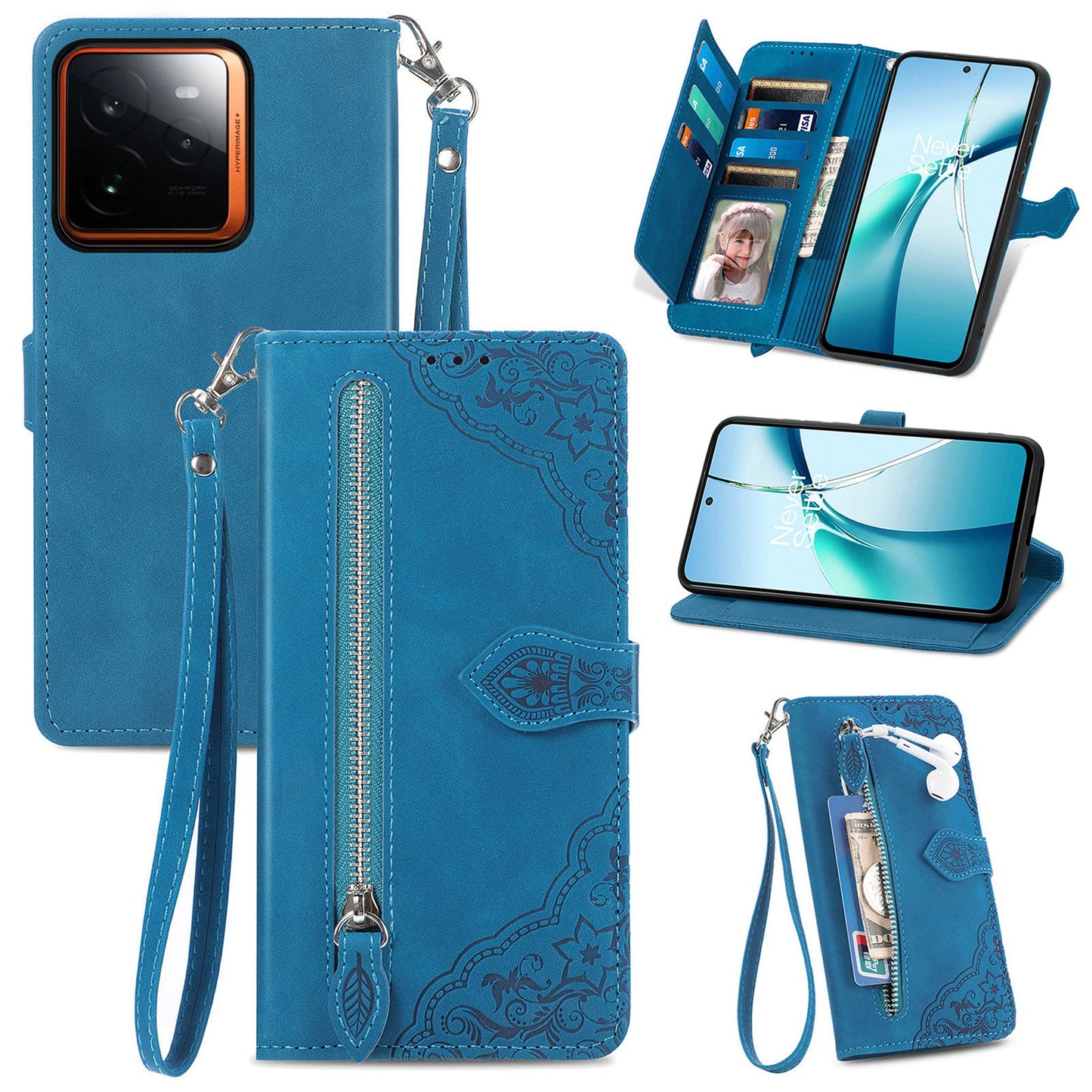 For Realme GT 7 Pro 5G Zipper Wallet Case with Strap Flower Imprint PU Leather Phone Cover - Blue