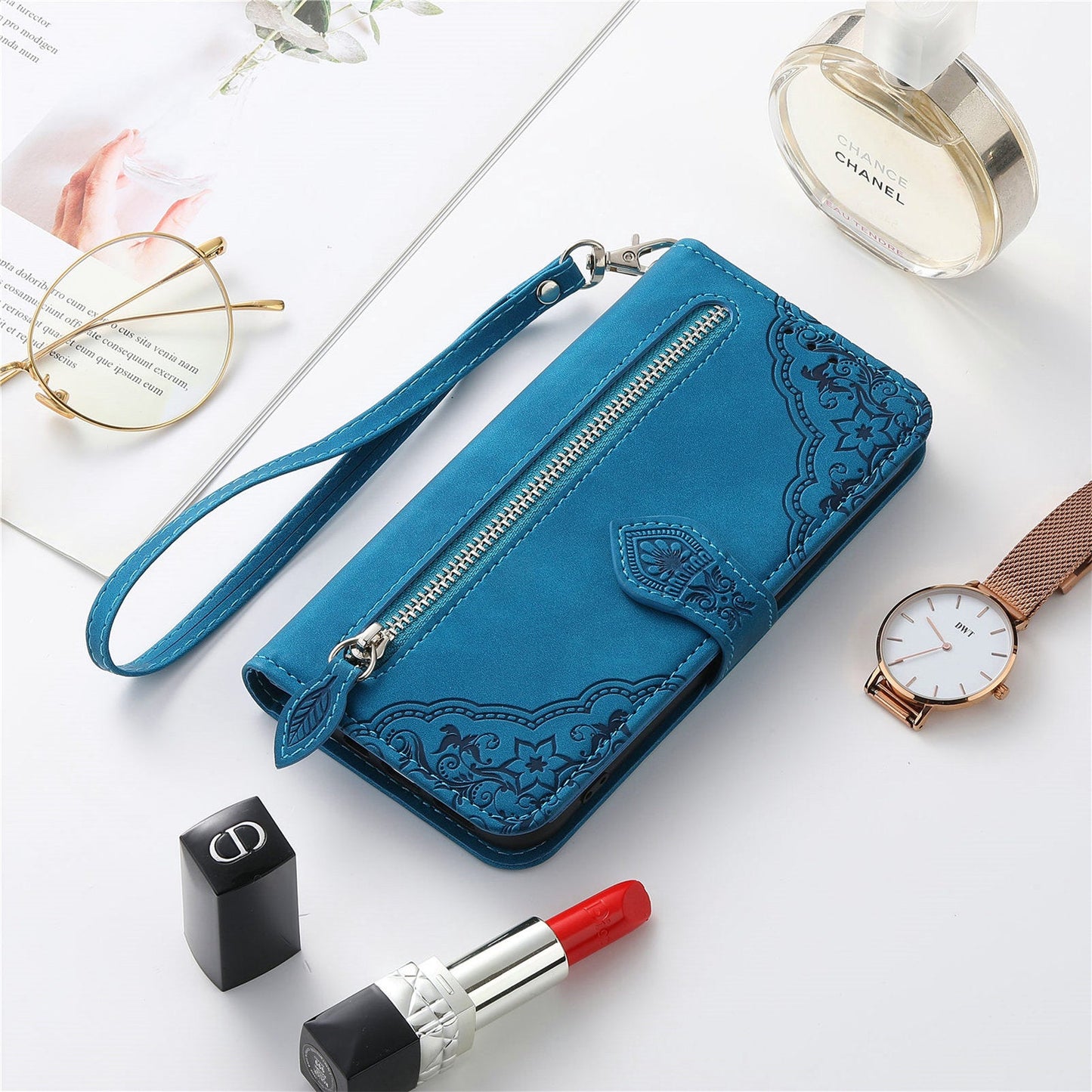 For Realme GT 7 Pro 5G Zipper Wallet Case with Strap Flower Imprint PU Leather Phone Cover - Blue