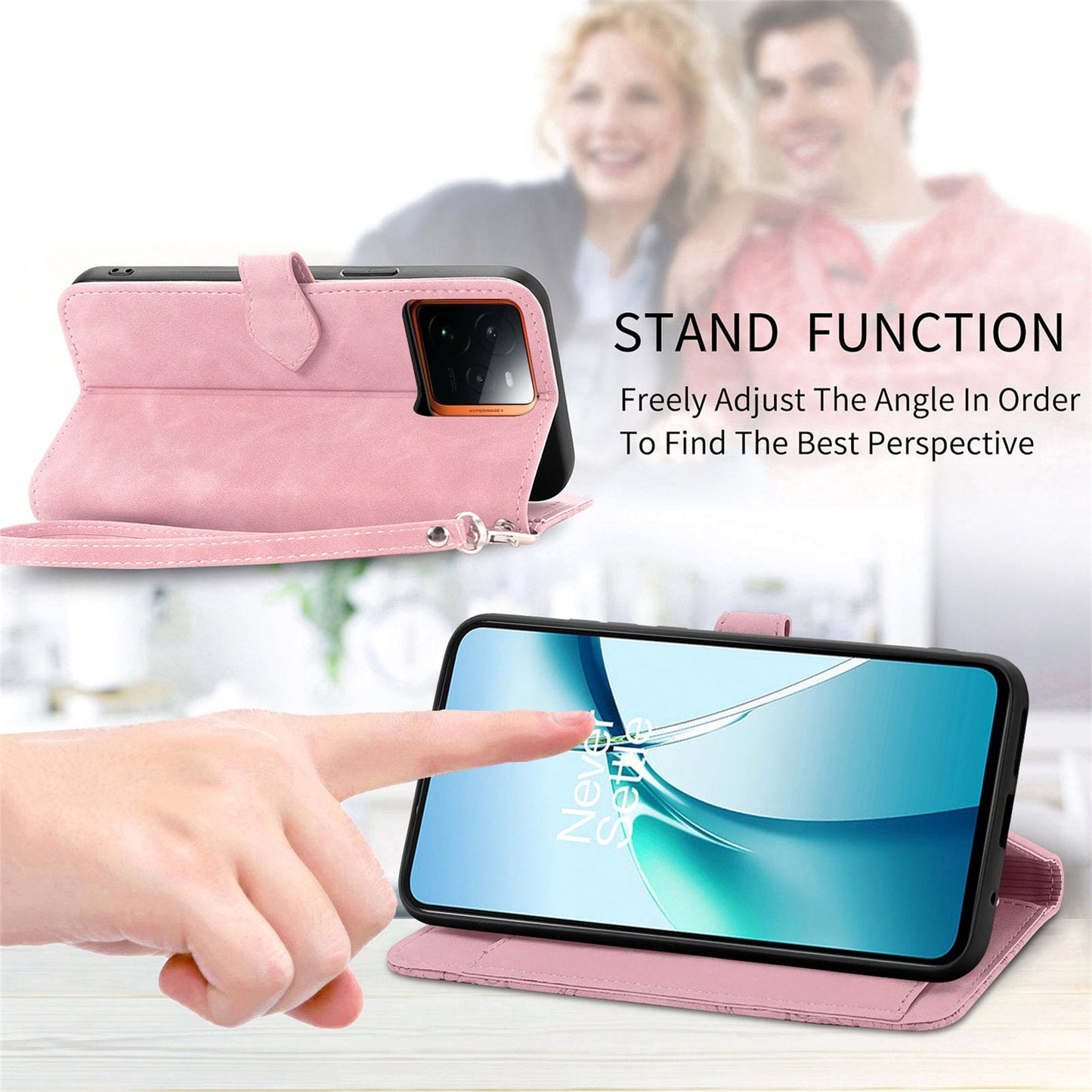 For Realme GT 7 Pro 5G Zipper Wallet Case with Strap Flower Imprint PU Leather Phone Cover - Pink