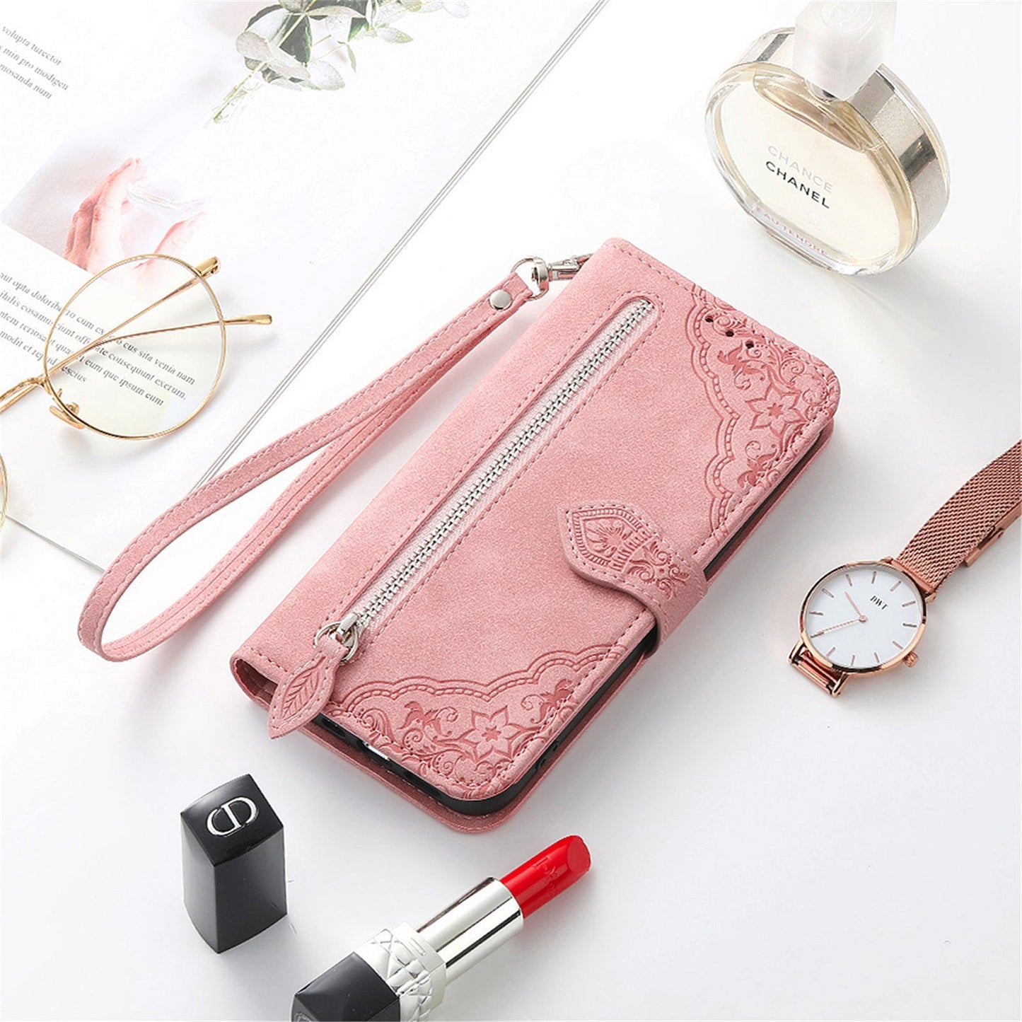 For Realme GT 7 Pro 5G Zipper Wallet Case with Strap Flower Imprint PU Leather Phone Cover - Pink