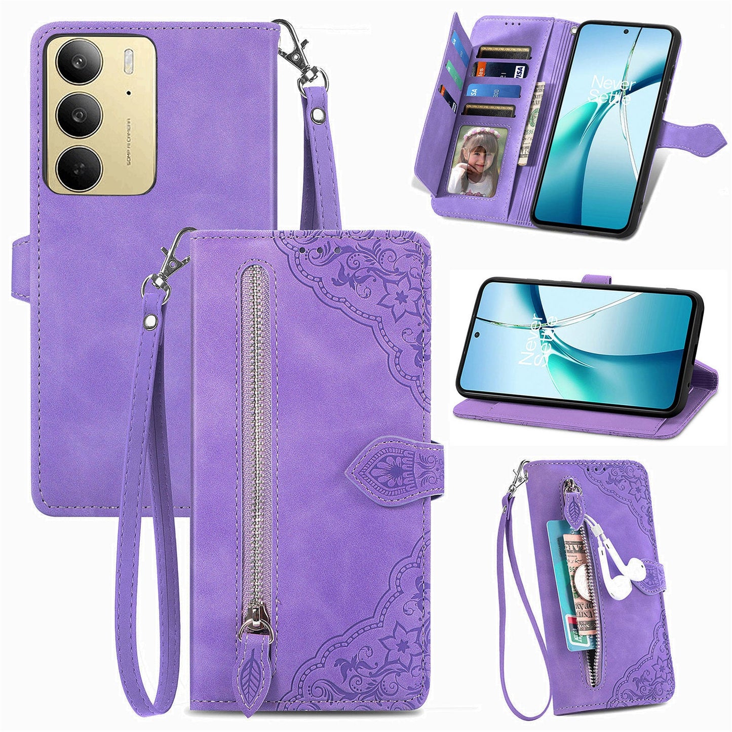 For Realme C75 Case Zipper Wallet Flower Imprint PU Leather Phone Cover - Light Purple