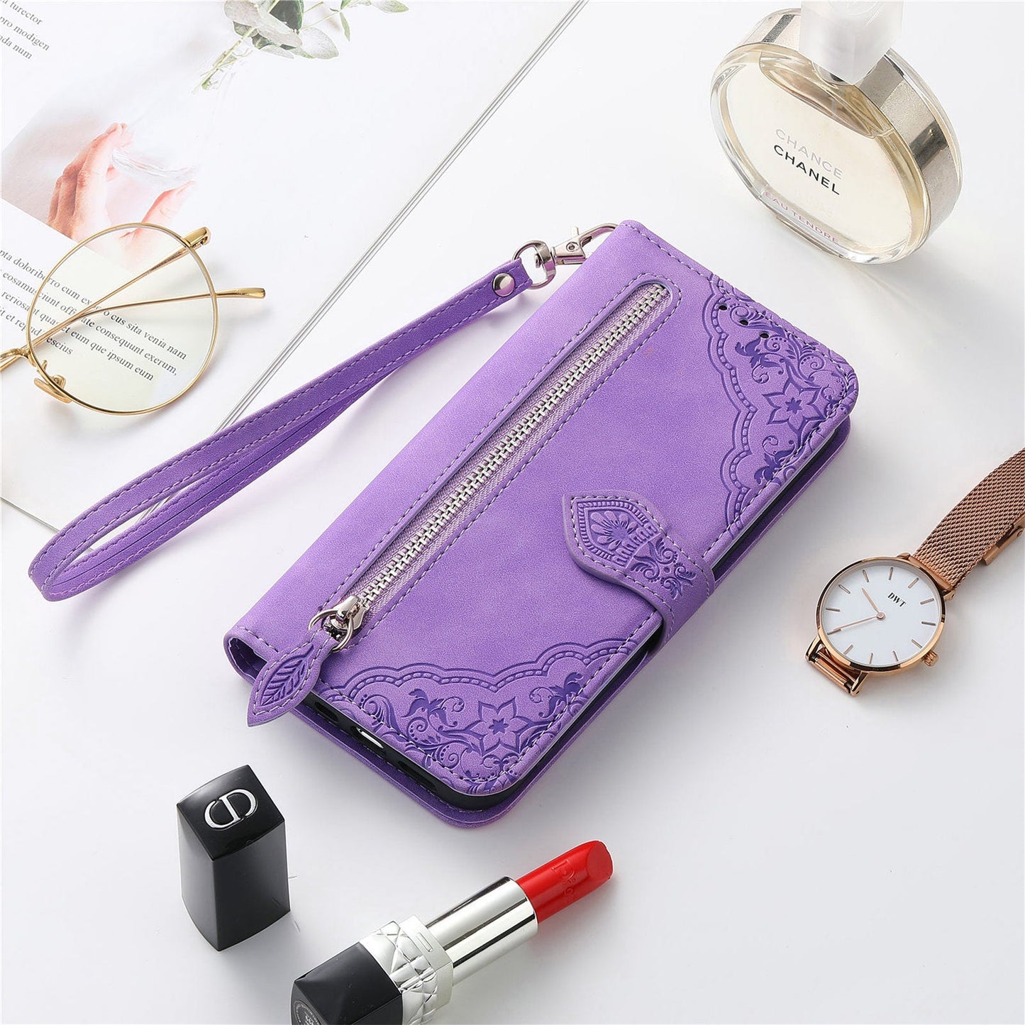 For Realme C75 Case Zipper Wallet Flower Imprint PU Leather Phone Cover - Light Purple
