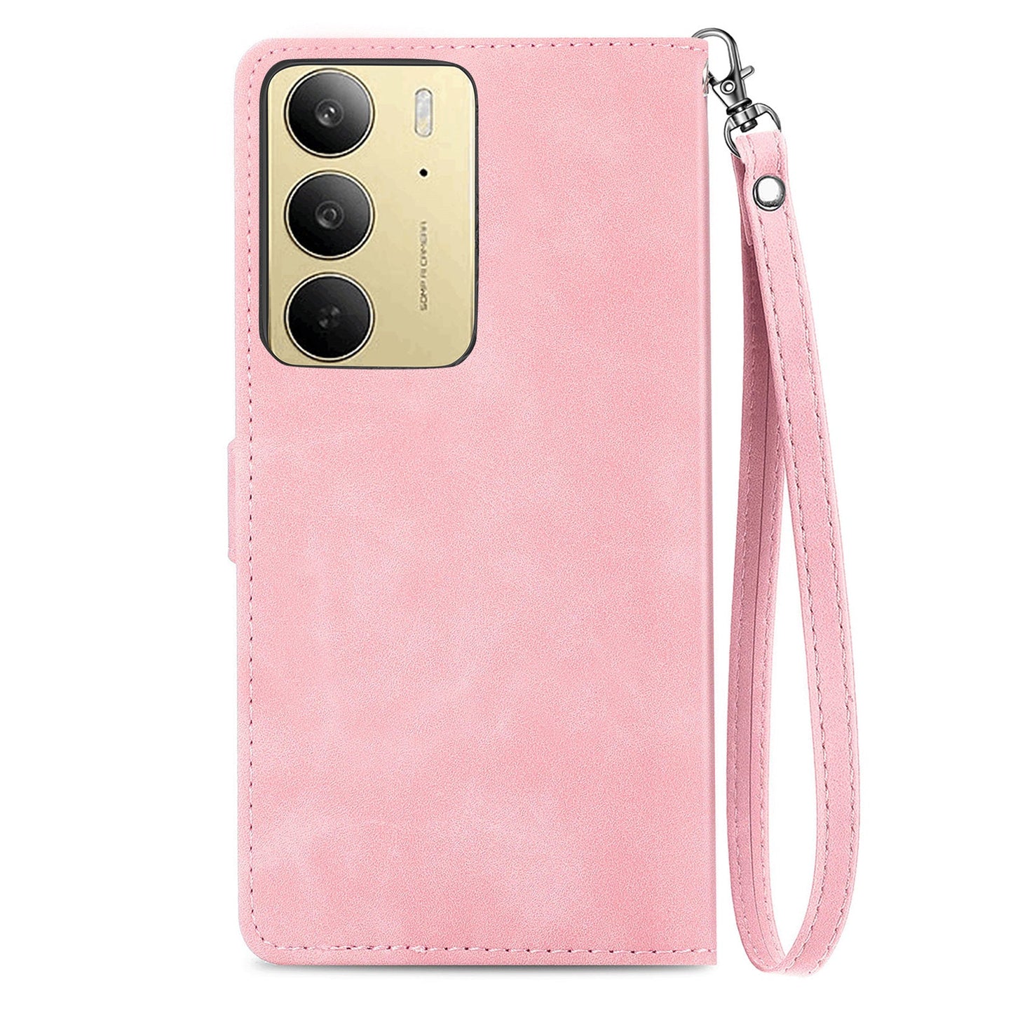 For Realme C75 Zipper Wallet Case with Strap Flower Imprint PU Leather Phone Cover - Pink