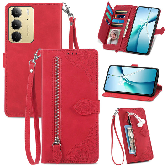 For Realme C75 Zipper Wallet Case with Strap Flower Imprint PU Leather Phone Cover - Red
