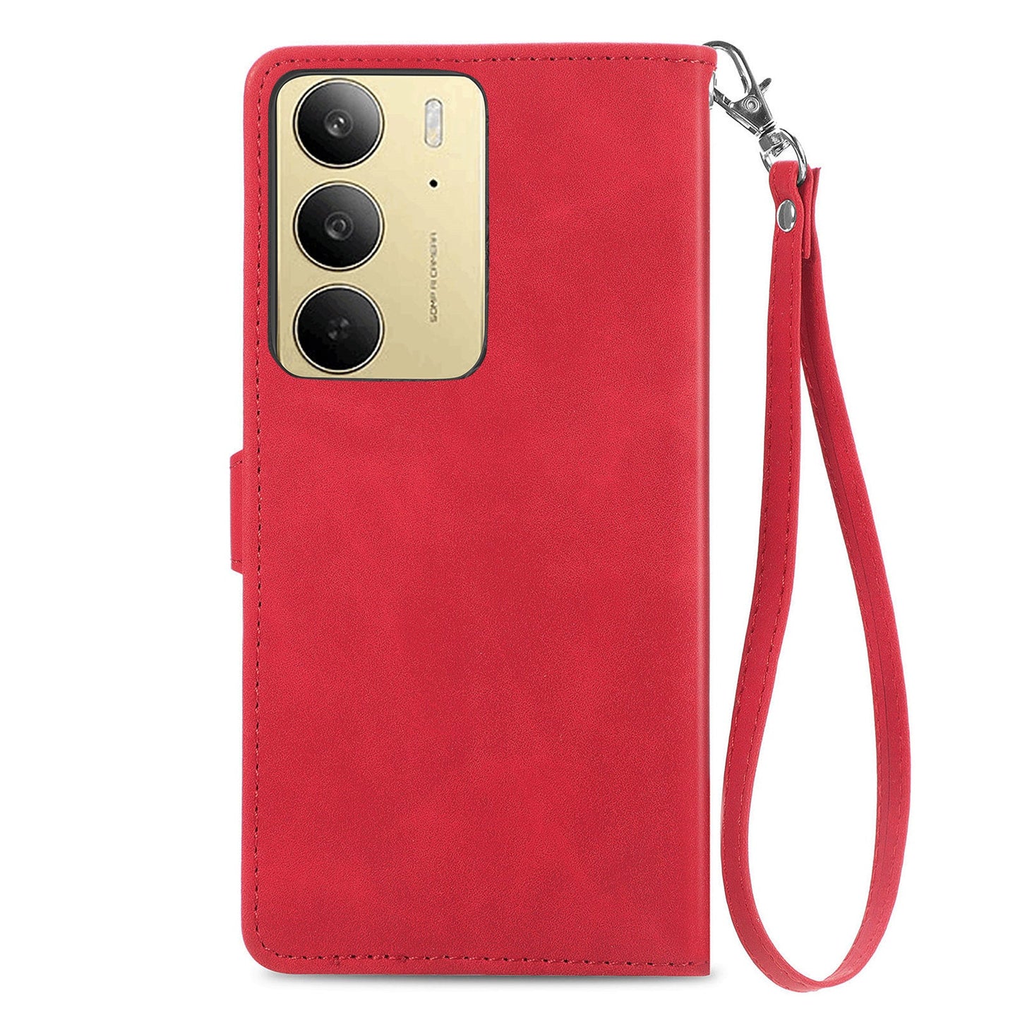 For Realme C75 Zipper Wallet Case with Strap Flower Imprint PU Leather Phone Cover - Red
