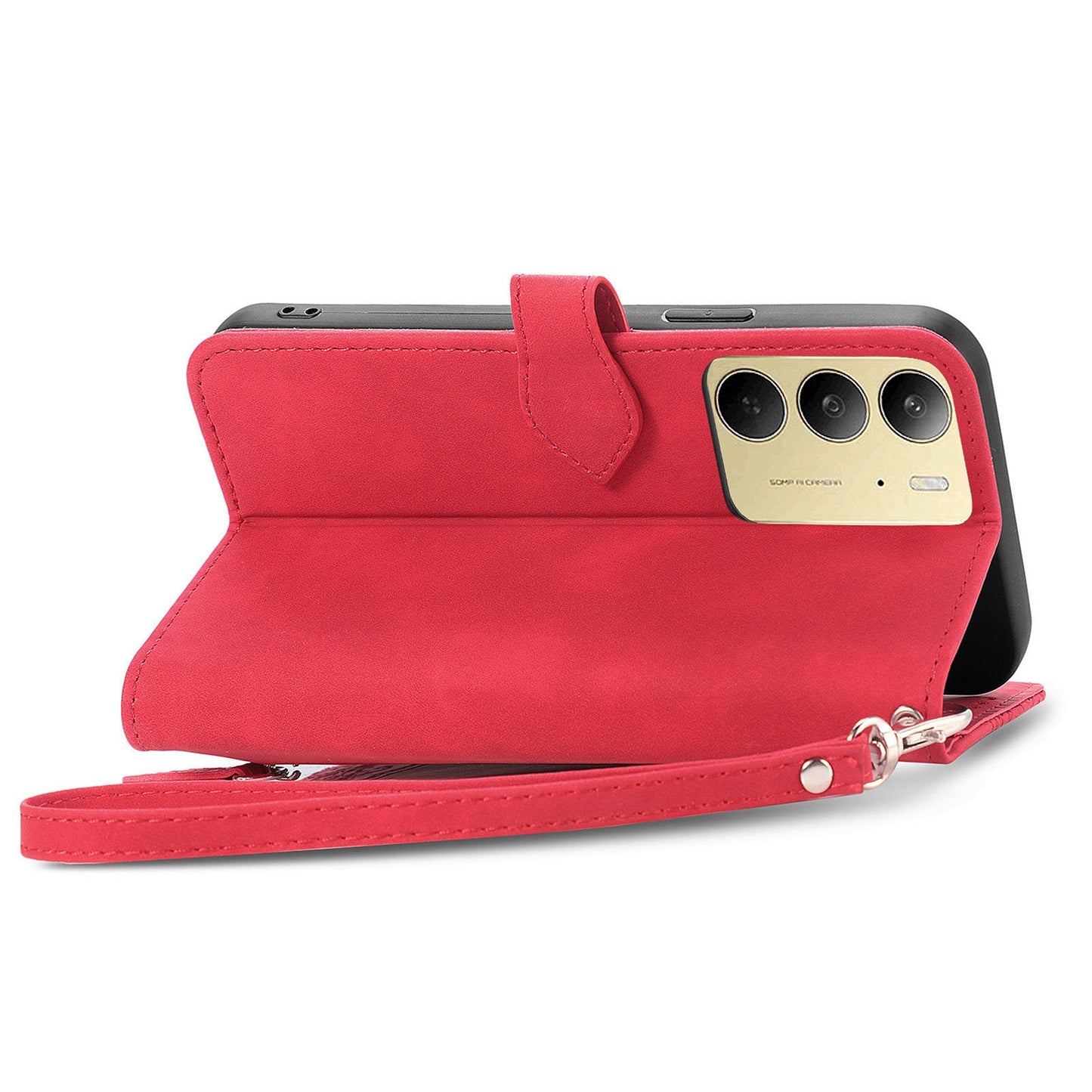 For Realme C75 Zipper Wallet Case with Strap Flower Imprint PU Leather Phone Cover - Red