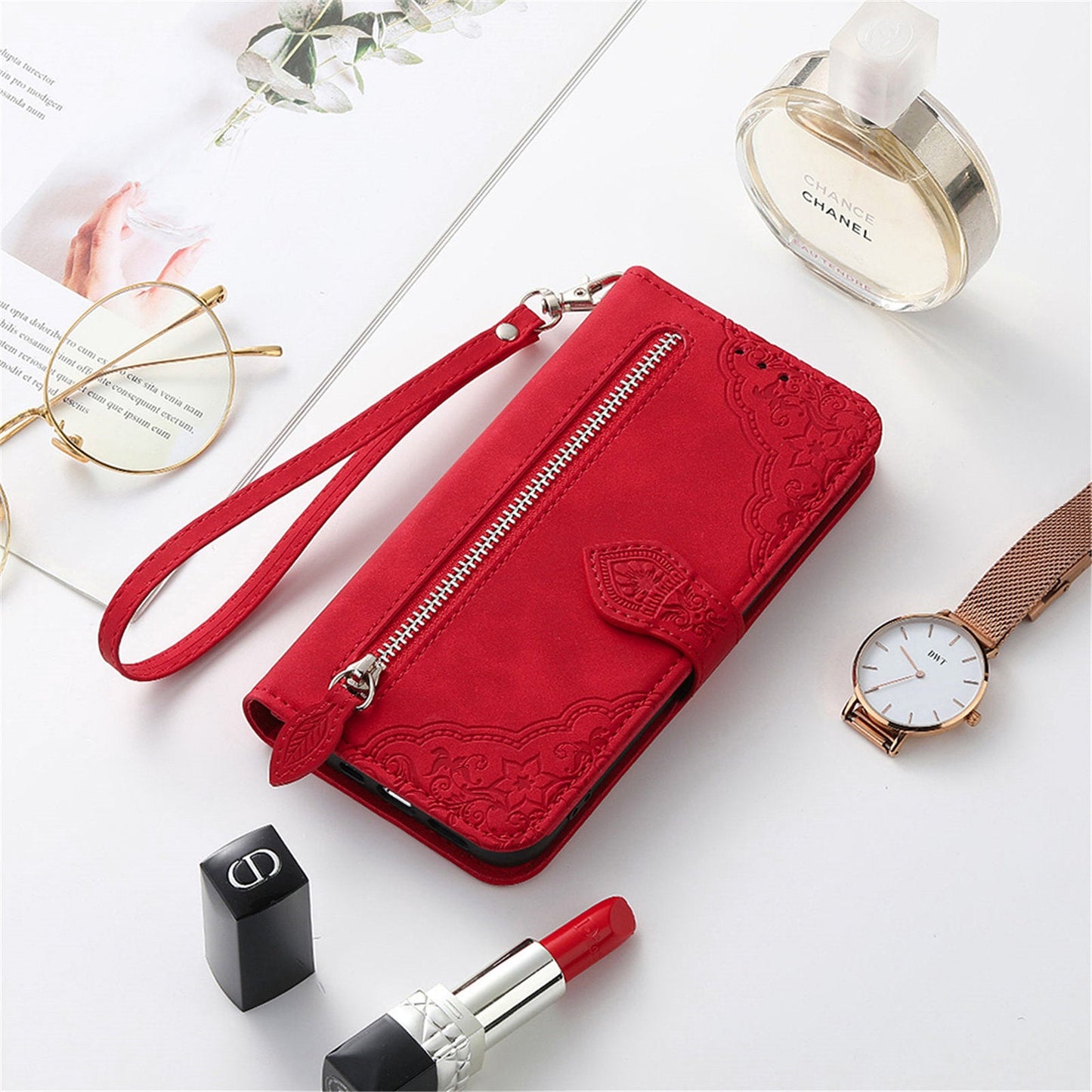 For Realme C75 Zipper Wallet Case with Strap Flower Imprint PU Leather Phone Cover - Red