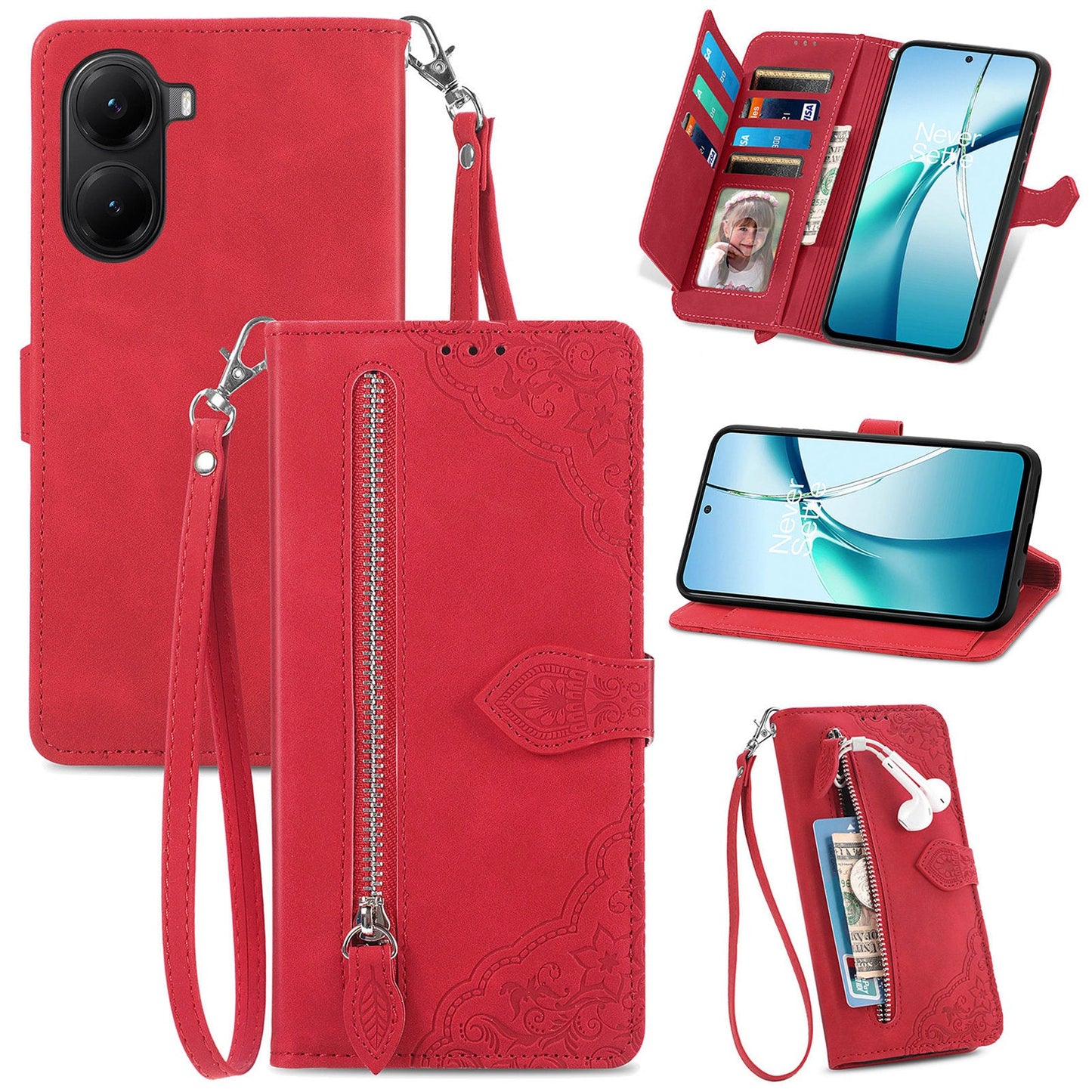 For Xiaomi Redmi Turbo 4 5G / Realme X7 Pro Zipper Wallet Case with Strap Flower Imprint PU Leather Phone Cover - Red