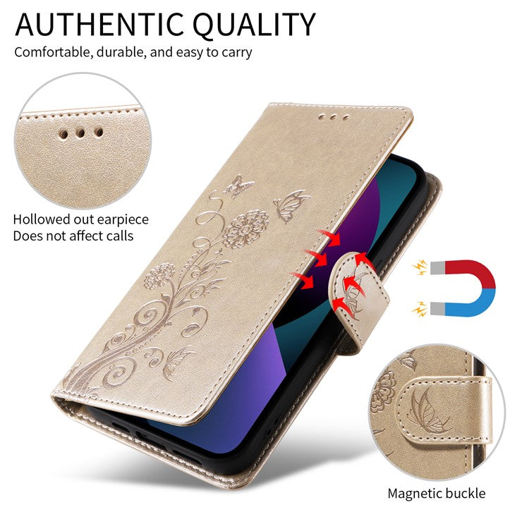 For vivo Y29s 5G / Y04 4G Case Butterfly Floral Imprint Wallet Stand Leather Phone Cover - Gold