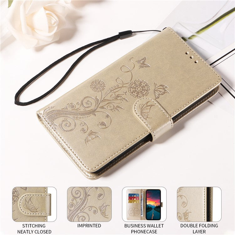 For vivo V50 5G Case Butterfly Floral Imprint Wallet Stand Leather Phone Cover - Gold