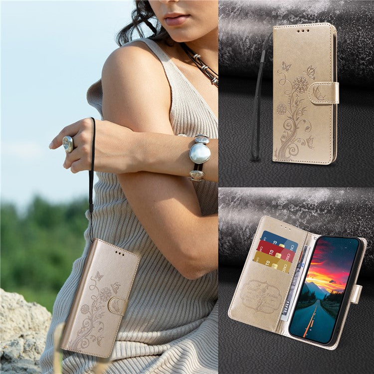For vivo V50 5G Case Butterfly Floral Imprint Wallet Stand Leather Phone Cover - Gold