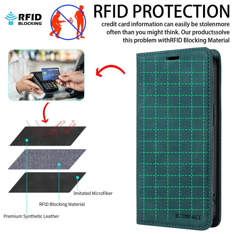BETOPNICE 003 For vivo Y29s 5G  /  Y04 4G Case Magnetic Closure RFID Blocking Wallet Stand Leather Phone Cover - Green