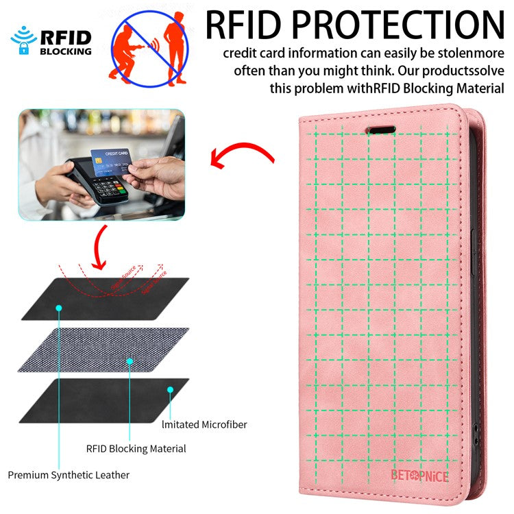 BETOPNICE 003 For vivo Y29s 5G  /  Y04 4G Case Magnetic Closure RFID Blocking Wallet Stand Leather Phone Cover - Pink