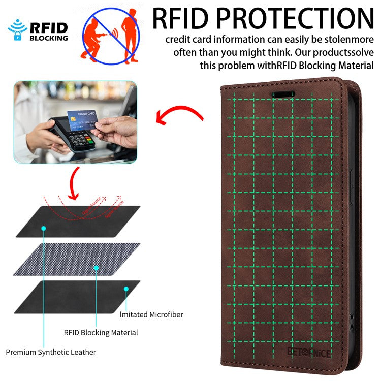 BETOPNICE 003 For vivo Y29s 5G  /  Y04 4G Case Magnetic Closure RFID Blocking Wallet Stand Leather Phone Cover - Brown