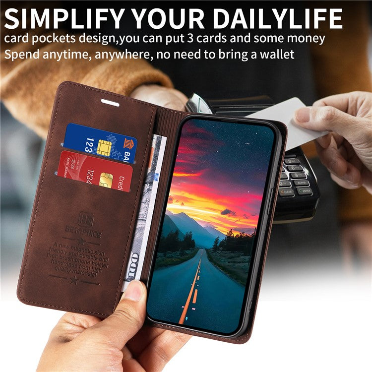 BETOPNICE 003 For vivo V50 5G Case Magnetic Closure RFID Blocking Wallet Stand Leather Phone Cover - Brown