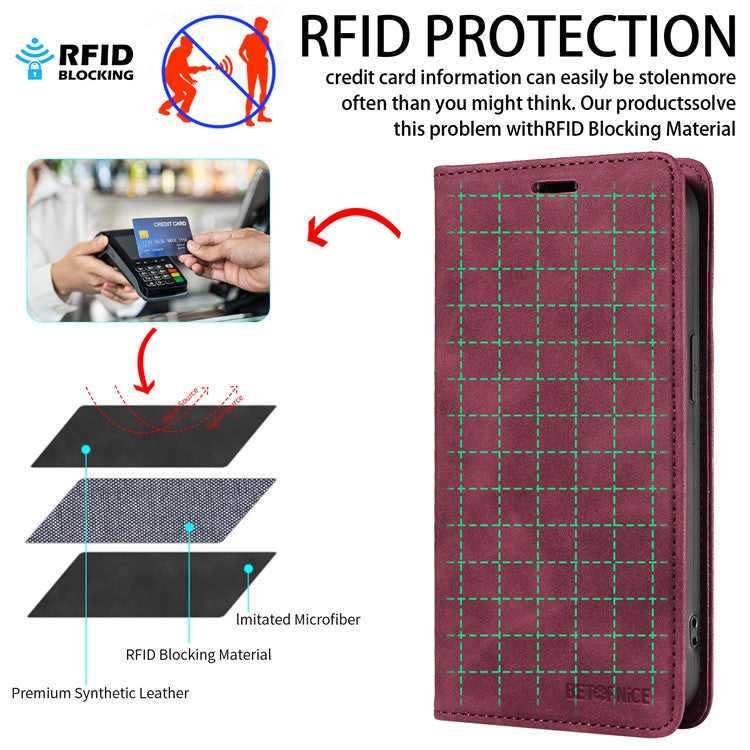 BETOPNICE 003 For vivo V50 5G Case Magnetic Closure RFID Blocking Wallet Stand Leather Phone Cover - Wine Red