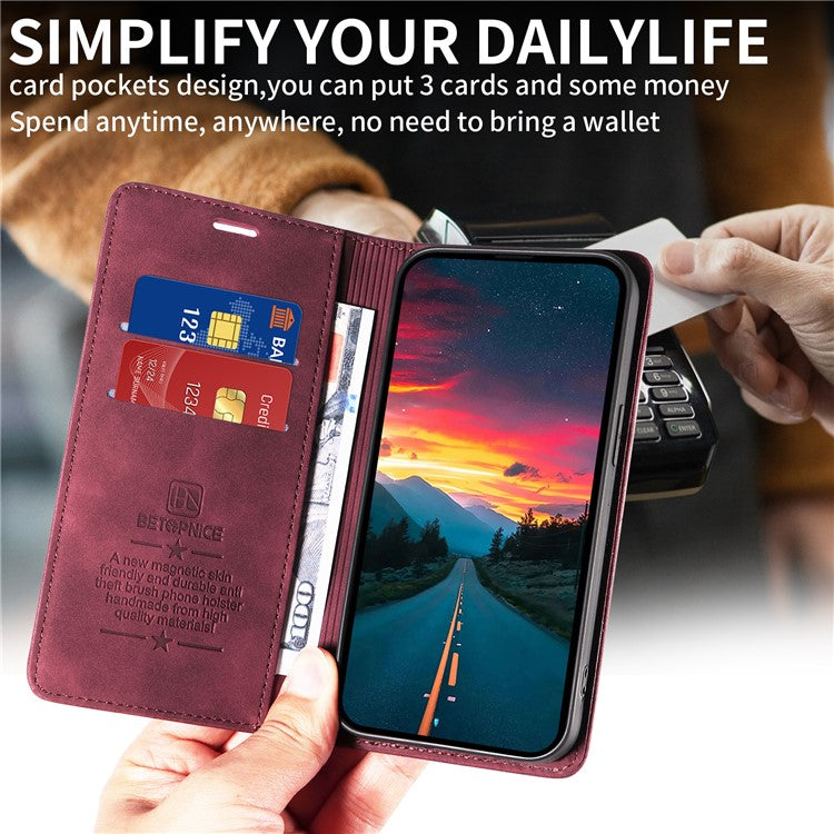 BETOPNICE 003 For vivo V50 5G Case Magnetic Closure RFID Blocking Wallet Stand Leather Phone Cover - Wine Red