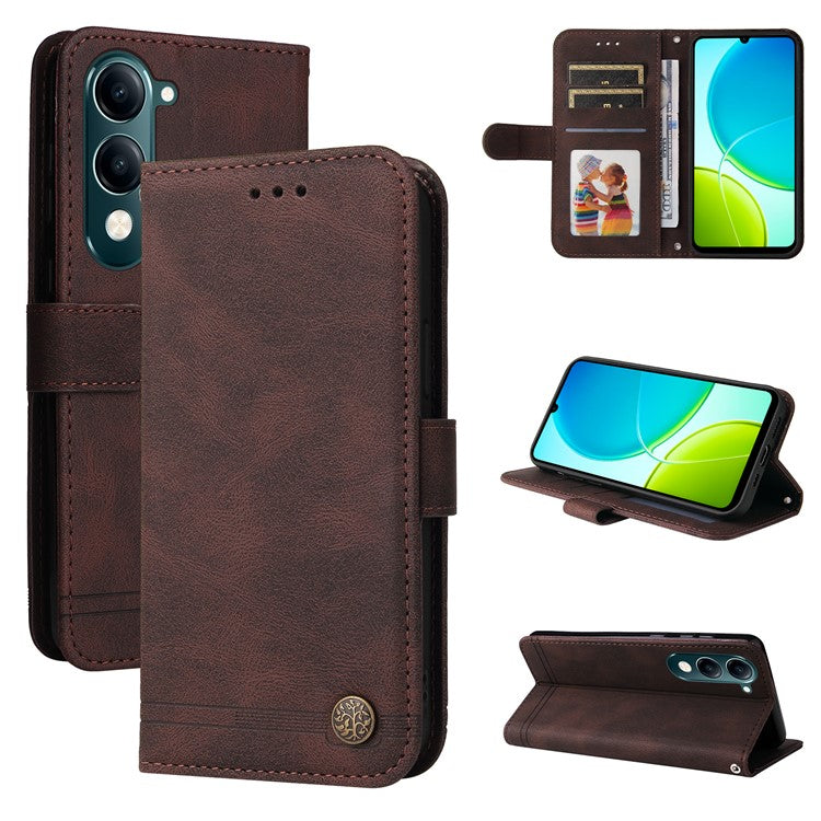 For vivo Y29s 5G  /  Y04 4G Case Wallet Skin Touch Leather Phone Cover Tree Pattern Hardware - Brown