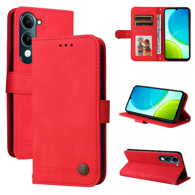 For vivo Y29s 5G  /  Y04 4G Case Wallet Skin Touch Leather Phone Cover Tree Pattern Hardware - Red