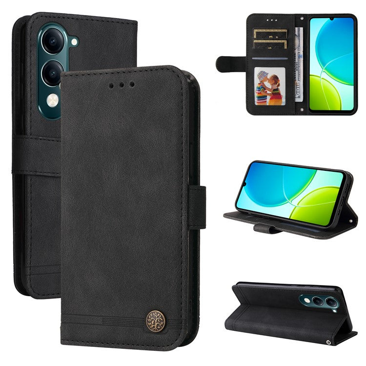 For vivo Y29s 5G  /  Y04 4G Case Wallet Skin Touch Leather Phone Cover Tree Pattern Hardware - Black