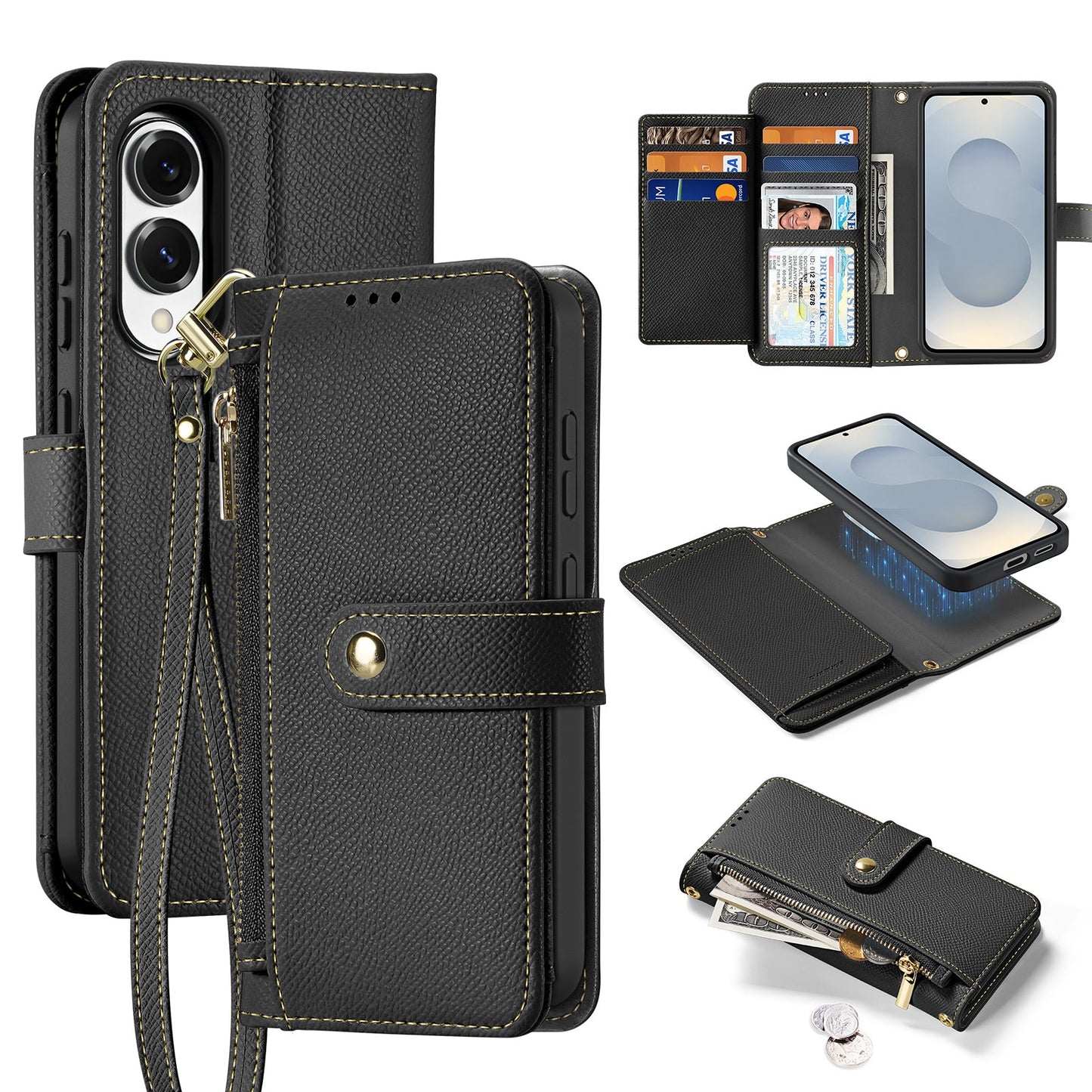 For Samsung Galaxy S25 Edge Case DUX DUCIS Lawa Series Detachable Magnetic Cowhide Leather Cover Zipper Wallet - Black