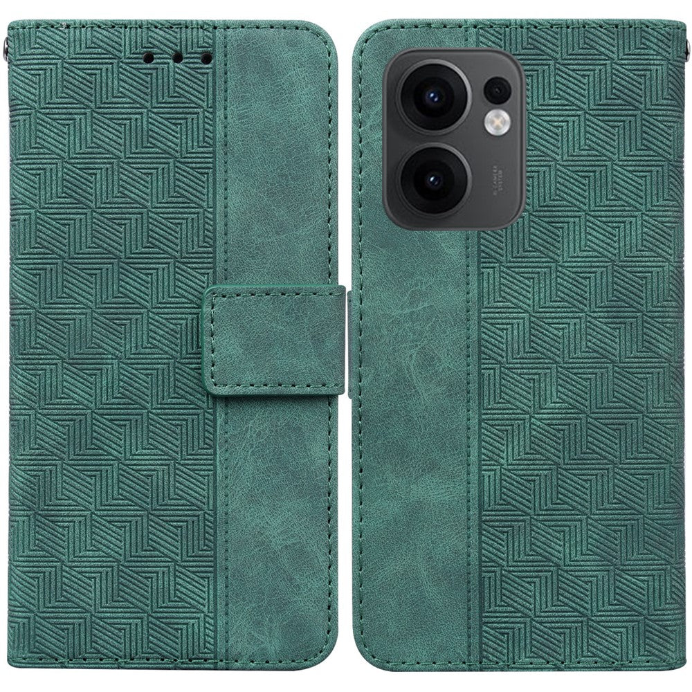 For Oppo Reno13 F 5G Case Geometry Pattern Leather Wallet Phone Cover with Wrist Strap - Green
