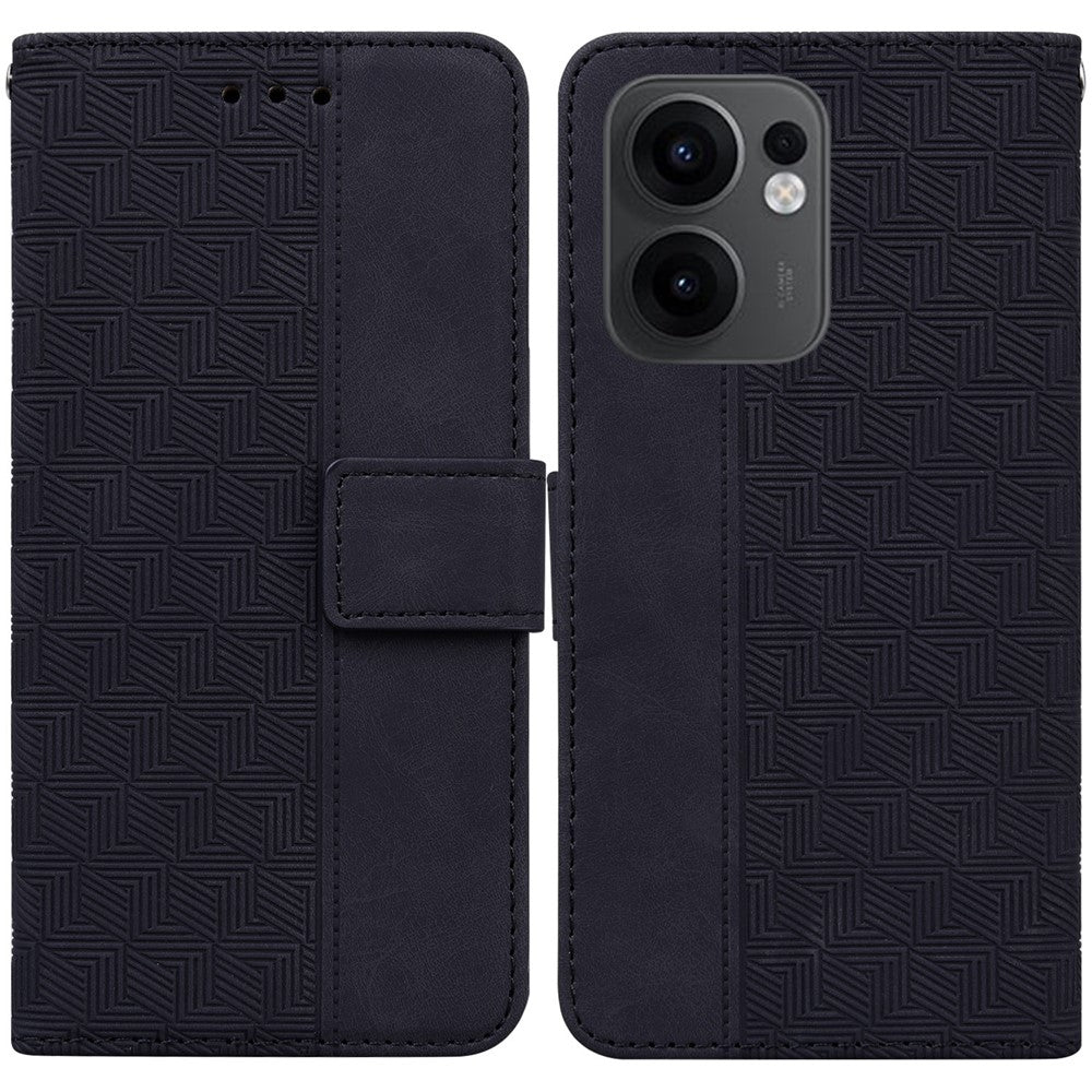 For Oppo Reno13 F 5G Case Geometry Pattern Leather Wallet Phone Cover with Wrist Strap - Black