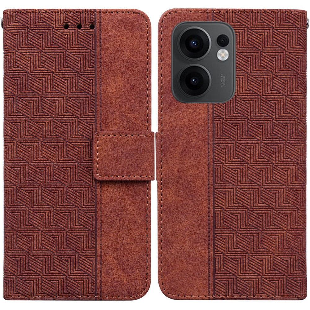 For Oppo Reno13 F 5G Case Geometry Pattern Leather Wallet Phone Cover with Wrist Strap - Brown