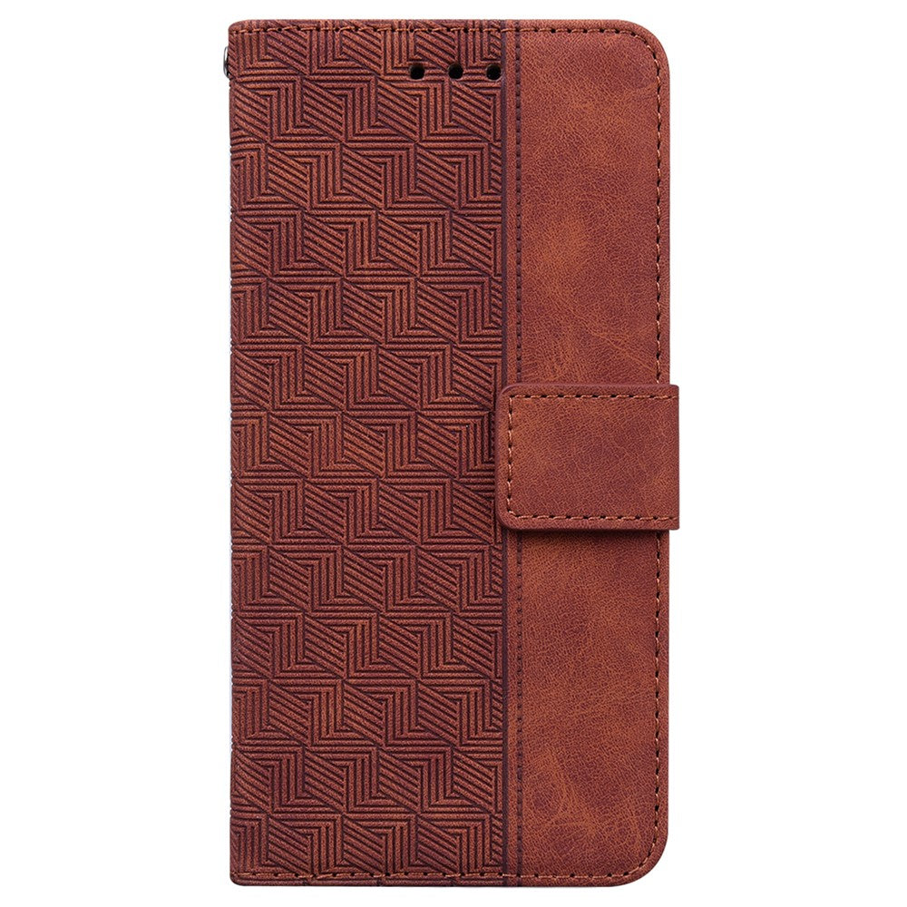 For Oppo Reno13 F 5G Case Geometry Pattern Leather Wallet Phone Cover with Wrist Strap - Brown