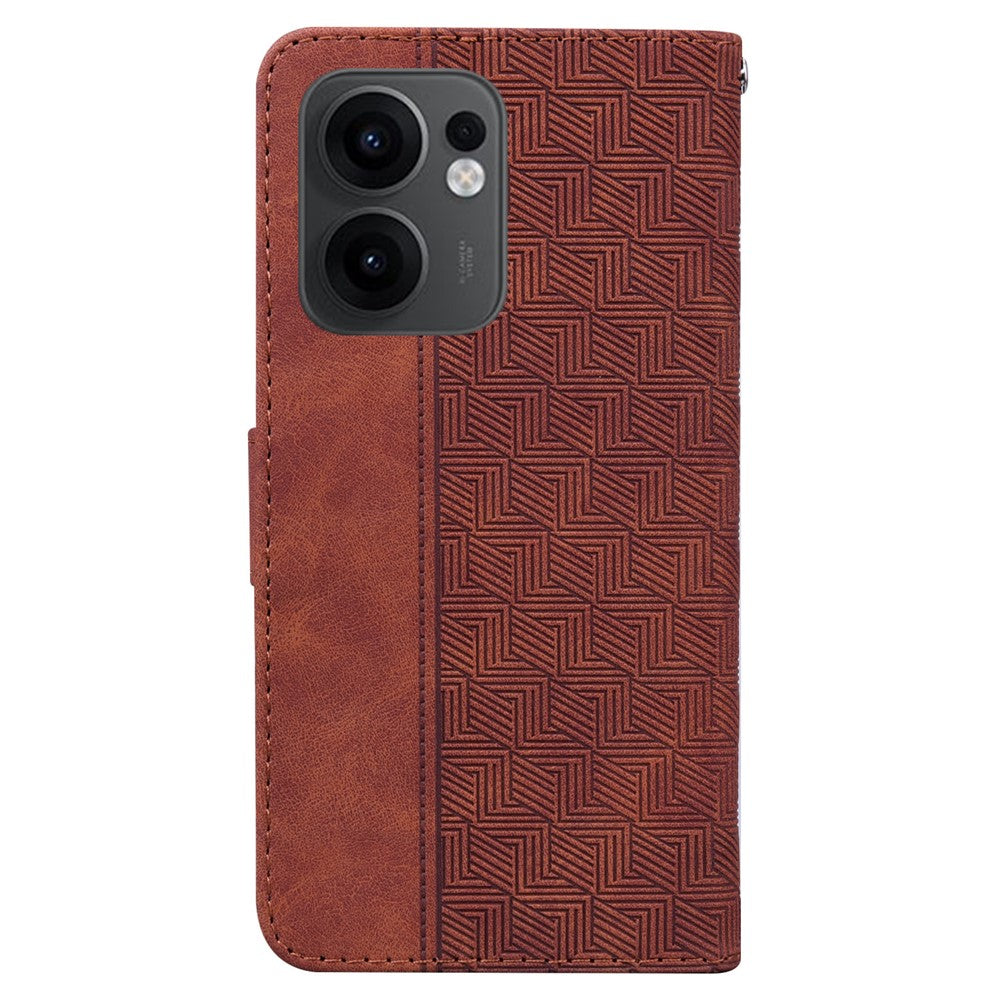 For Oppo Reno13 F 5G Case Geometry Pattern Leather Wallet Phone Cover with Wrist Strap - Brown