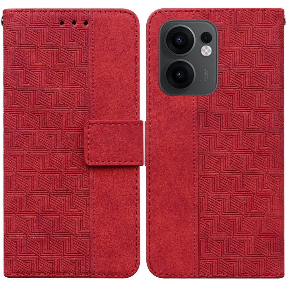For Oppo Reno13 F 5G Case Geometry Pattern Leather Wallet Phone Cover with Wrist Strap - Red