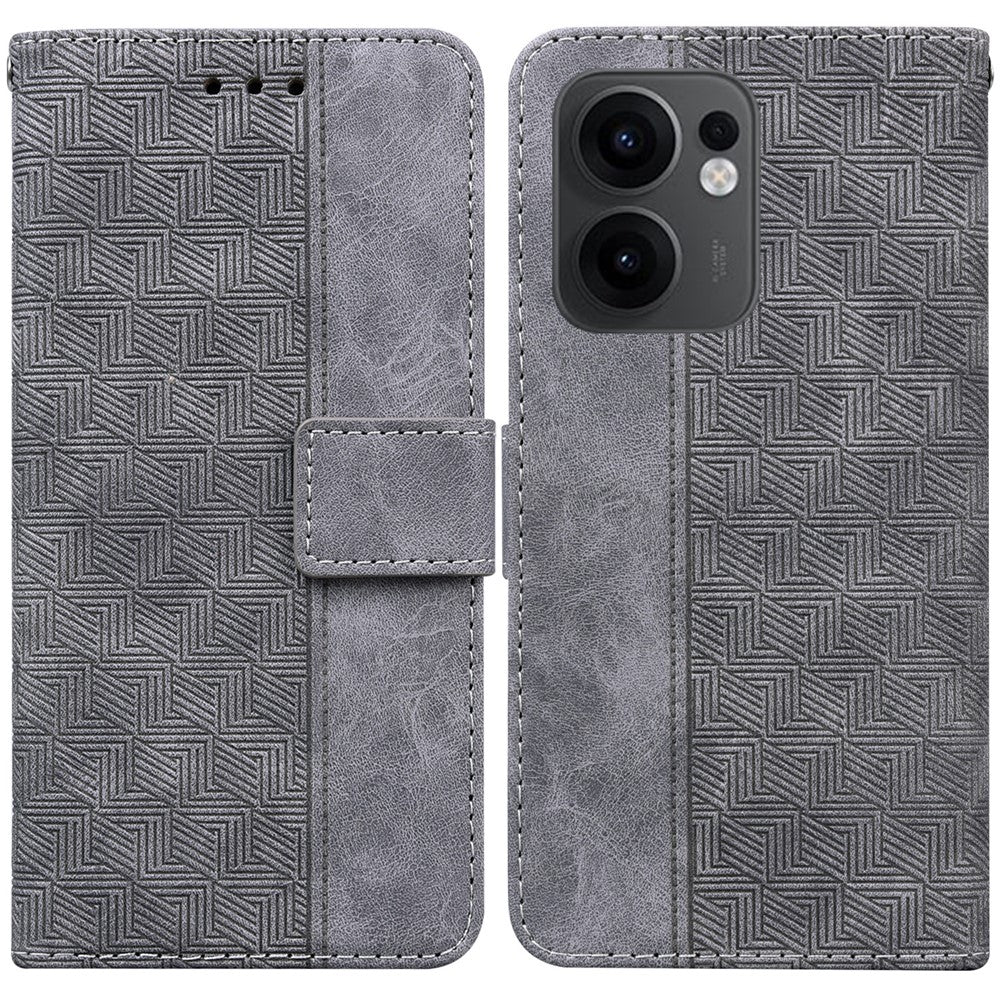 For Oppo Reno13 F 5G Case Geometry Pattern Leather Wallet Phone Cover with Wrist Strap - Grey