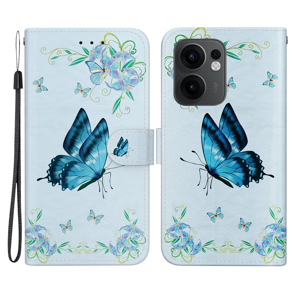 For Oppo Reno13 F 5G Wallet Phone Case Anti-Drop Leather Flip Cover Pattern Printing - Blue Butterfly Flower