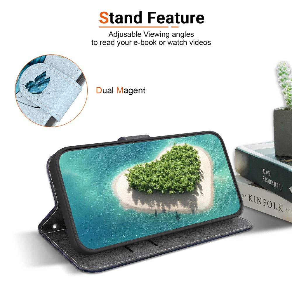 For Oppo Reno13 F 5G Wallet Phone Case Anti-Drop Leather Flip Cover Pattern Printing - Blue Butterfly Flower